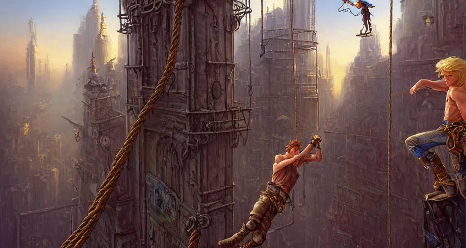 Image similar to landscape painting of a blonde boy thief in leathers using a rope to climb a tall metal steampunk buildings within a fantasy city with bridges, fine details, andreas rocha, magali villeneuve, artgerm, rutkowski