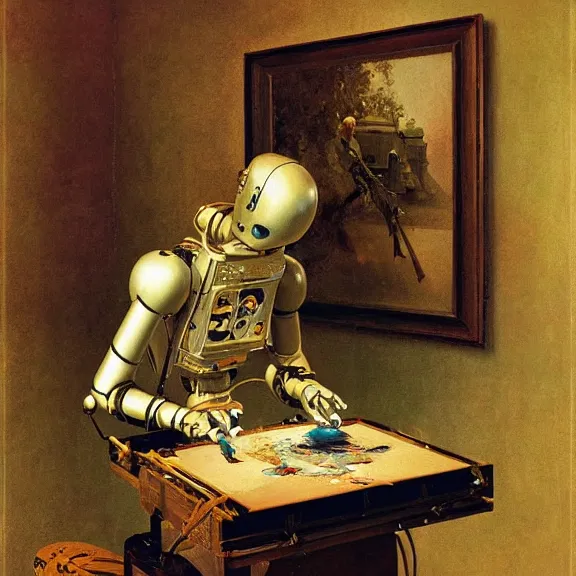 Image similar to robot artist painting a self - portrait on a canvas. intricate, highly detailed, photorealistic, film still, by carl spitzweg, hans thoma, alexandros pyromallis, gil elvgren, sachin teng.