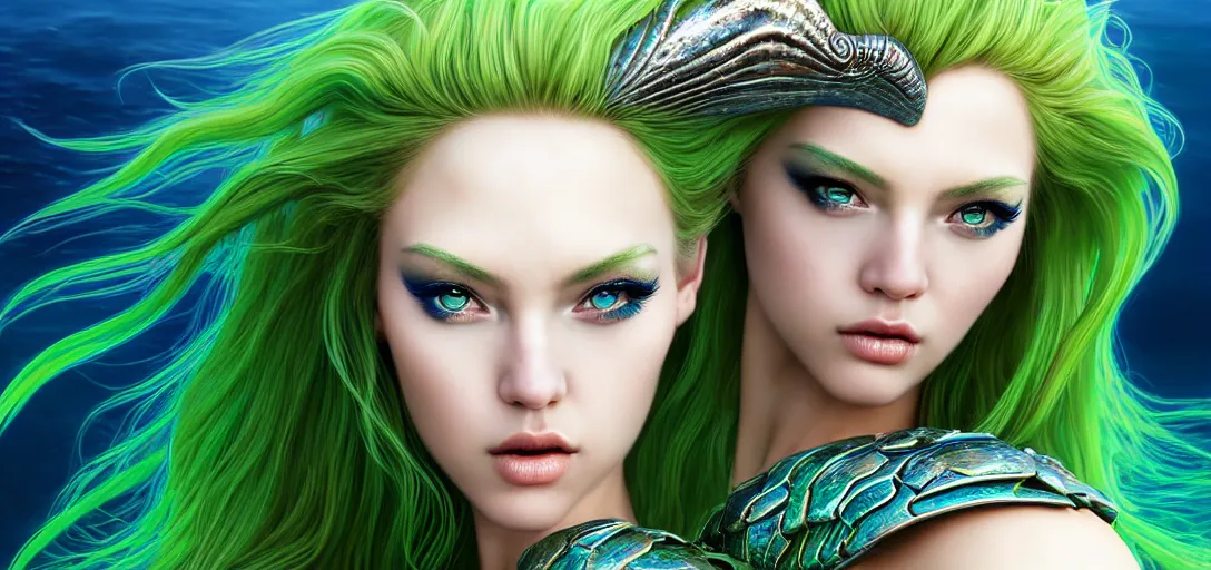 Prompt: extreme close up portrait photo of a gorgeous female mermaid with long green hair wearing metal armor in the style of stefan kostic, realistic, half body shot, sharp focus, 8 k high definition, insanely detailed, intricate, elegant, art by stanley lau and artgerm, extreme blur coral reef background