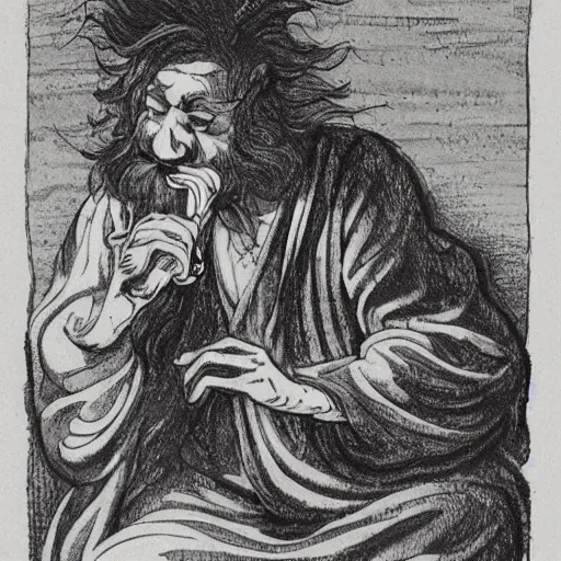 Image similar to highly detailed figure of a person with long white hair coming depicted as smoke coming out from smoking pipe, meditation, comic art, intricate, elegant.