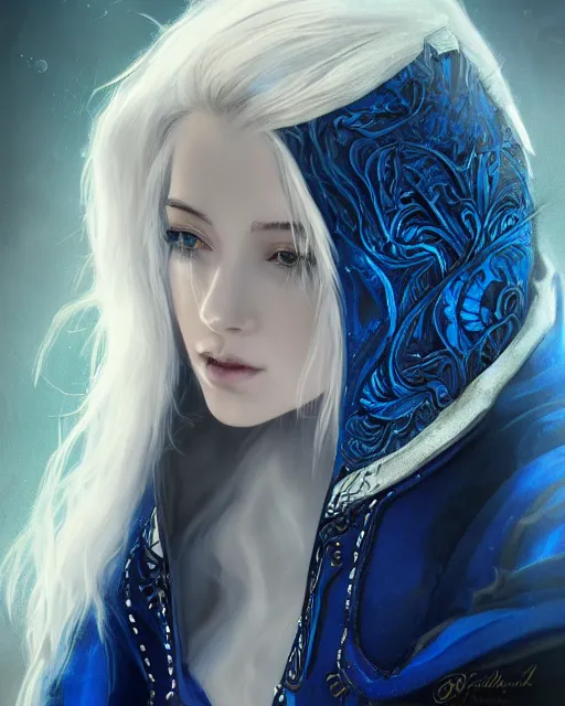 Prompt: A mysterious girl with hooded cobalt-blue eyes and silky white hair, guitar shape build, her wardrobe is attractive, fantasy art, in the style of Fernando Juarez, illustration, epic art, fantasy, intricate, elgant, amazing detail, digital painting, artstation, concept art, smooth, sharp focus