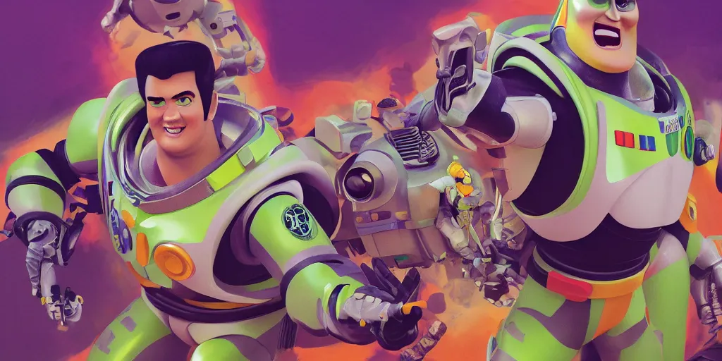 Prompt: elvis as buzz lightyear, colorful, contrast, kim jung gi, greg rutkowski, zabrocki, karlkka, jayison devadas, trending on artstation, 8 k, ultra wide angle, zenith view, pincushion lens effect