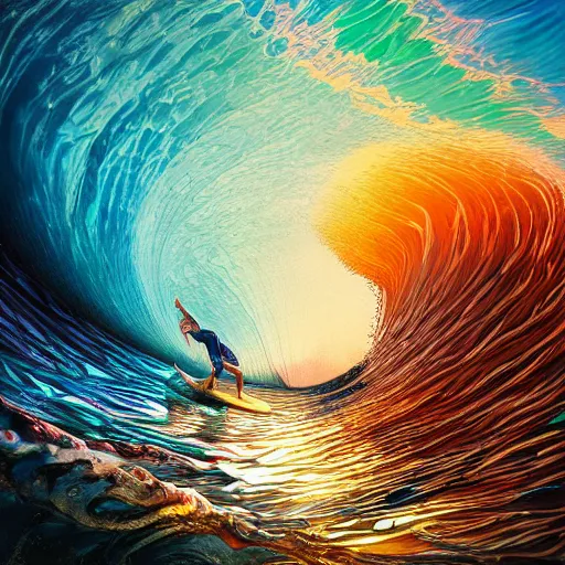 Image similar to surfing mulitcolor waves, art by chris dyer, stanley artgerm lau, wlop, rossdraws, james jean, andrei riabovitchev, marc simonetti, yoshitaka amano photorealistic,, vray, hdr, hyper detailed, dramatic lighting, octane render, weta digital, 3 d sculpture