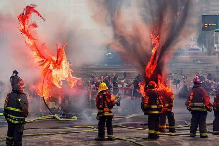 Image similar to a phoenix trying to burst into flames with firemen standing by