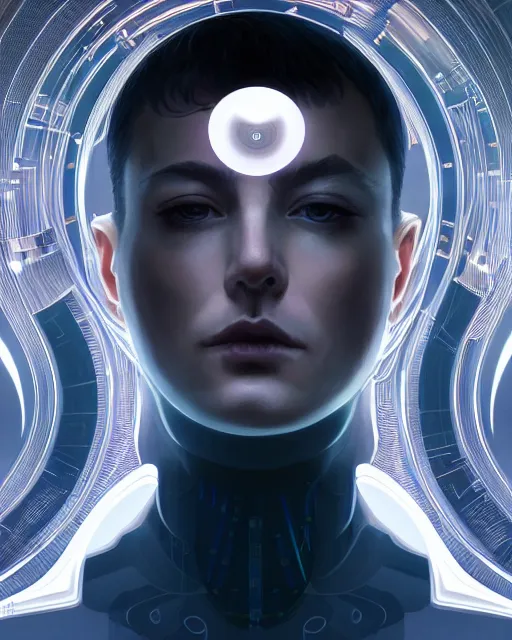 Prompt: symmetry!! centered, head on portrait of a man with futuristic minimalist face tattoos, sci - fi -, cyberpunk, blade runner, glowing lights, tech, biotech, techwear!! intricate, elegant, highly detailed, digital painting, artstation, concept art, smooth, sharp focus, illustration, art by artgerm and greg rutkowski and alphonse mucha