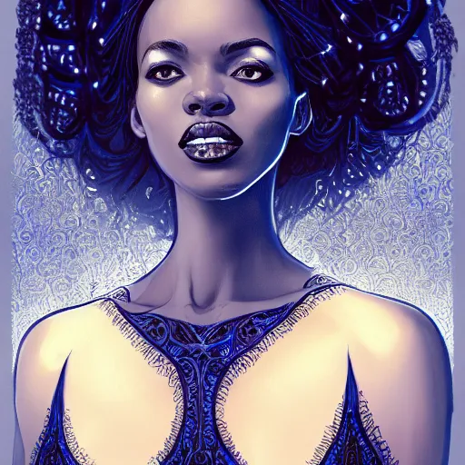 Image similar to full-length portrait pose of a beautiful black woman, dark blue patterned white gown, elf, casting glowing threads of magic, concept art, intricate, highly detailed, digital art, illustration, trending on artstation, art by Artgerm and Justin Ong