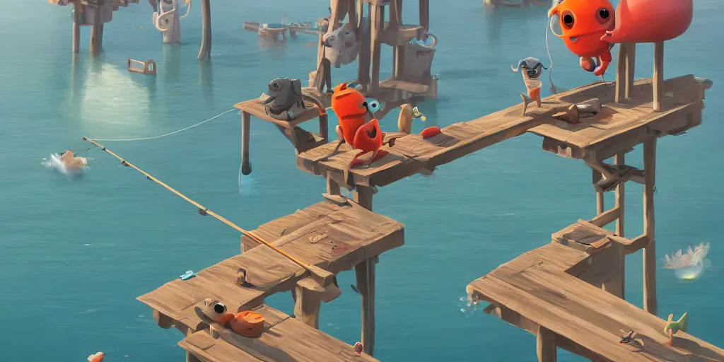 Image similar to cute cartoon monsters fishing on a pier by Goro Fujita and Simon Stalenhag , 8k, trending on artstation, hyper detailed, cinematic