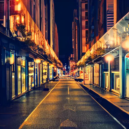 Prompt: Close-up photograph of the city street, night time, f/1.4