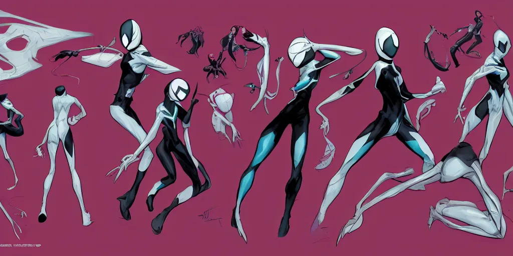 Prompt: spider gwen, character sheet, concept design, contrast, kim jung gi, greg rutkowski, zabrocki, karlkka, jayison devadas, trending on artstation, 8 k, ultra wide angle, pincushion lens effect