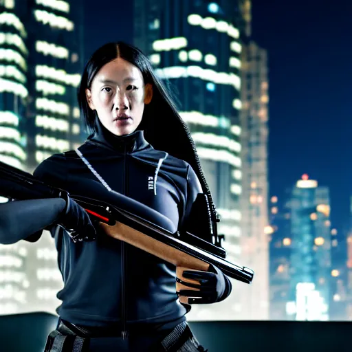 Image similar to photographic portrait of a techwear woman holding a shotgun, holding shotgun down, closeup, on the rooftop of a futuristic city at night, sigma 85mm f/1.4, 4k, depth of field, high resolution, full color, award winning photography, inspired by Kill Bill, inspired by John Wick, inspired by Die Hard, movies with guns, movie firearms