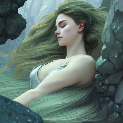 Image similar to knight, lying down on rock, white grey blue green color palette, eyes closed, forest, female, d & d, fantasy, intricate, elegant, highly detailed, long silver hair, digital painting, artstation, octane render, concept art, matte, sharp focus, illustration, hearthstone, art by artgerm, alphonse mucha johannes voss