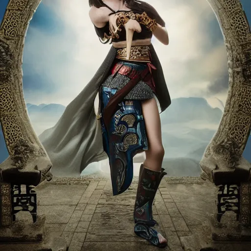 Image similar to full body portrait fashion editorial of beauty charming woman as a warrior godly princess in feudal japan making a sacrifice at the top of the Asian temple, clear makeup, clean hair, dry skin, clear skin, airbrushed, bright eye makeup, femine warrior body, photo by mario testino, 8k octane render, cinematic, hyper detailed, micro details, insanely detailed, trending on artstation, concept art, Peter Paul Rubens and Peter Mohrbacher style