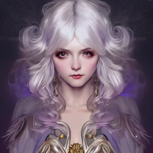 Prompt: masterpiece ultra realistic illustration of a magical girl with silver hair and big gold eyes, dreamy and ethereal, lavender tones, ornate dress, intricate, dramatic, cinematic, fantasy, highly detailed, smooth, sharp focus. in the style of artgerm and alphonse mucha, artstation trending.