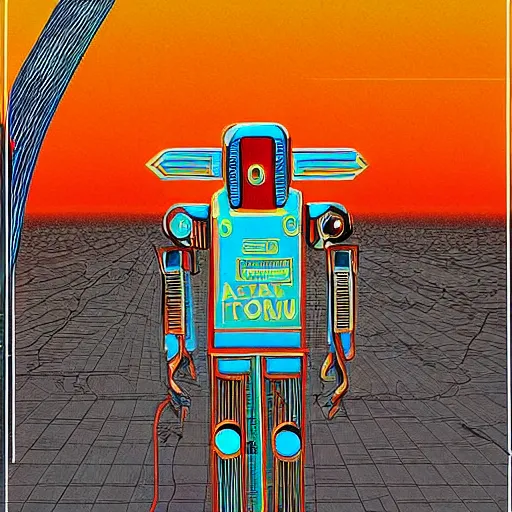 Image similar to “ a picture of a shiny chrome robot walking through outer world desert, a retro chrome sci - fi art by moebius, a path made of a detailed neon circuit board, orange desert, bright clean blue sky, retro sci - fi adventures ”