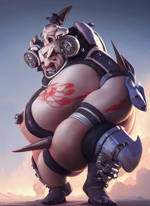 Image similar to character portrait of a fusion of Roadhog from Overwatch and Widowmaker from Overwatch by ArtGerm and Tom Bagshaw, 4k, highly detailed, cinematic lighting, characters merged