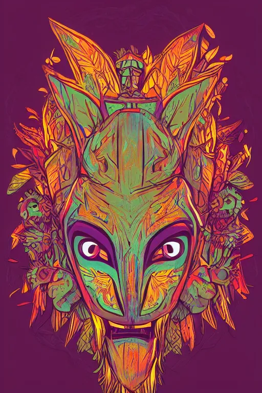 Image similar to animal mask totem roots flower tribal feather gemstone plant wood rock shaman vodoo video game vector cutout illustration vivid multicolor borderlands comics by josan gonzales and dan mumford radiating a glowing aura