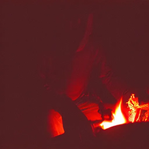 Image similar to cinestill of a xenomorph backlit by a bonfire at night