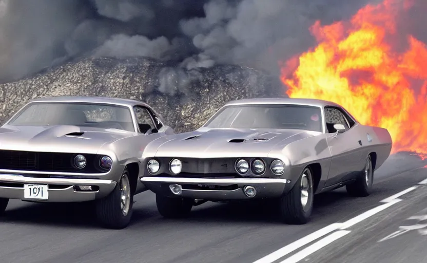 Image similar to a silver 1 9 7 0 plymouth ‘ cuda hemi super track pack driving on a freeway. fire explosion in the background, action scen. realistic. high resolution. dramatic