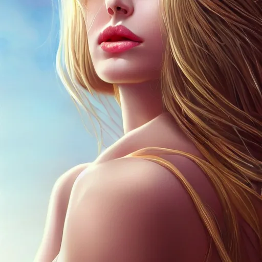 Image similar to a gorgeous female photo, professionally retouched, soft lighting, wearing sundress, illuminated by moonlight, realistic, smooth face, blonde goddess, luscious lips, perfect eyes, wide angle, sharp focus on eyes, 8 k high definition, insanely detailed, intricate, elegant, art by artgerm and wlop