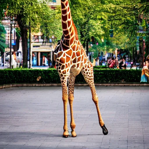 Image similar to a giraffe dancing ballet in the center of city