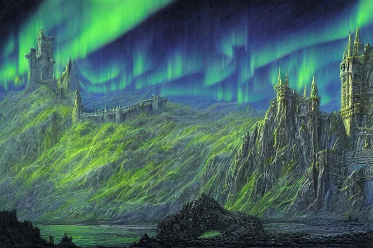 Prompt: highly detailed photoreal eldritch biomechanical castle on a cliff, aurora borealis, psychedelic by alan lee, john howe. ted naismith