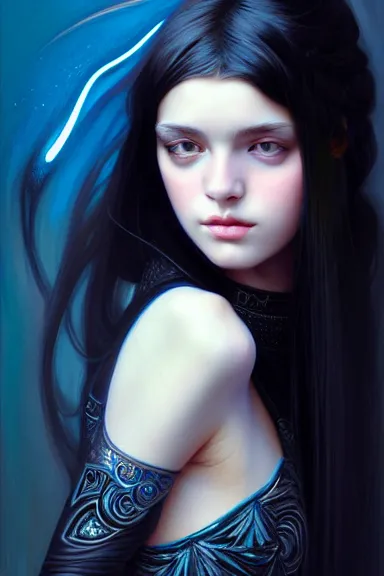 Image similar to portrait of teenage girl with long glossy black hair, blue eyes, glowing skin, fashion model features, fantasy, intricate, elegant, black dress, highly detailed, digital painting, artstation, concept art, smooth, sharp focus, illustration, art by Krenz Cushart and Artem Demura and alphonse mucha