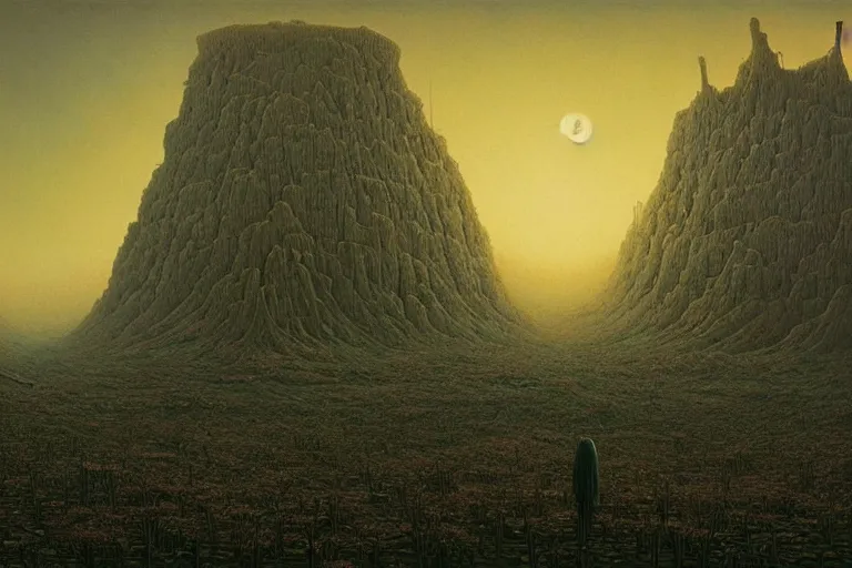 Prompt: a surreal and awe - inspiring sciende fiction landscape, intricate, elegant, highly detailed matte painting by beksinski and simon stalenhag