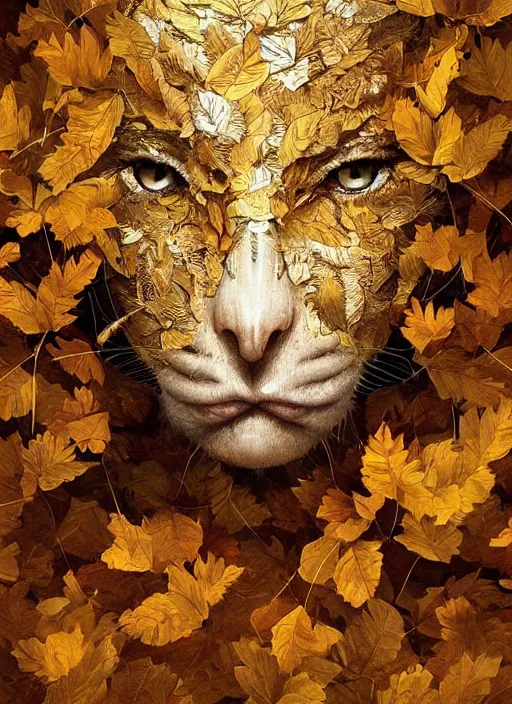 Image similar to golden leaves at frame border, creative!!! composition for a book cover, absurdly beautiful, ultrafine hyperrealistic detailed animal face by wlop and artgerm and greg rutkowski, intricate linework, sharp focus, smooth, octopath traveler, final fantasy, unreal engine, dramatic lighting, ethereal, 8 k