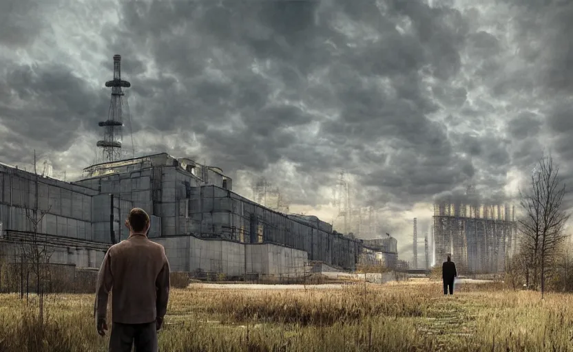 Prompt: a man looking at the chernobyl powerplant, a photorealistic painting by gregory crewdson, cgsociety, playstation 5 screenshot, matte painting, cryengine