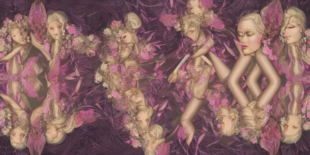 Image similar to breathtaking detailed concept art painting kaleidoscope art deco pattern of blonde faces goddesses amalmation flowers, by hsiao - ron cheng, bizarre compositions, exquisite detail, extremely moody lighting, 8 k