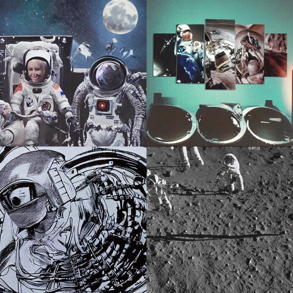 Prompt: moon landing, astronauts, apollo 1 1, xenomorph from the movie alien the background, monster, high definition, grainy footage, close up