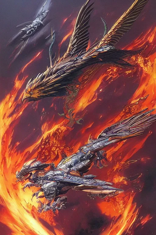 Prompt: a phoenix flies and burns everything in its path by Noriyoshi Ohrai, highly detailed, trending on artstation