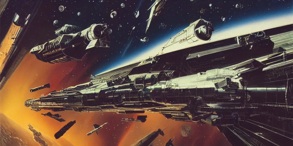 Image similar to highly detailed matte painting of a deep space station by syd mead , john berkley and john harris, intricate, casette futurism, industrial feel