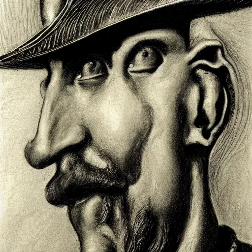 Image similar to Close-up of Don Quixote, pencil drawing. El Greco, Remedios Varo, Salvador Dali, Carl Gustav Carus, John Atkinson Grimshaw. Blue tint. Symetrical, logo, geometric shapes.