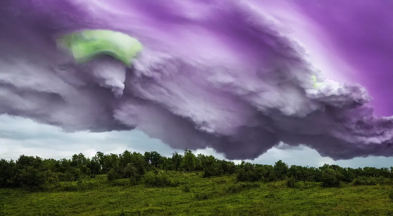 Prompt: mesoscale meteorological event, tornado, wall, cloud, green sky, purple sky, weather photography