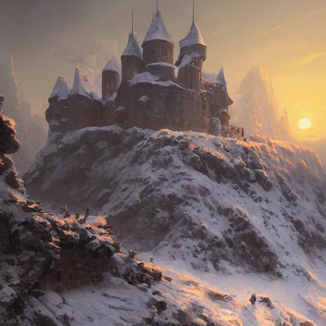 Prompt: a painting of a castle in the middle of a snowy mountain, a detailed matte painting by andreas rocha and greg rutkowski, sunset, crumbling ruins, desolation, featured on artstation, fantasy art, matte drawing, matte painting, artstation hq