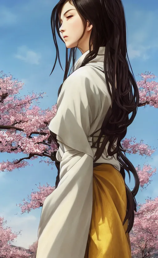 Image similar to side portrait of a girl walking, sakura tree in background, yukata clothing, battlefield in background, anime style, hair down, symmetrical facial features, from arknights, hyper realistic, 4 k, extreme detail, detailed drawing, trending artstation, realistic lighting, by alphonse mucha, greg rutkowski, sharp focus, backlit