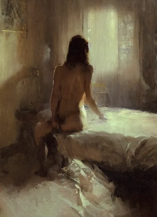 Prompt: aesthetic portrait painting of a beautiful woman posing in an artistic over a bed, by jeremy mann, only one head single portrait