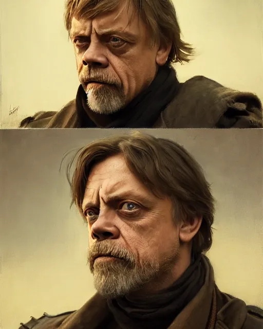 Prompt: mark hamill as a tired dystopian resistance fighter. dieselpunk steampunk art by greg rutkowski, gustave courbet, rosa bonheur, edward hopper. faithfully depicted facial expression, perfect anatomy, sharp focus, global illumination, radiant light, detailed and intricate environment, trending on artstation