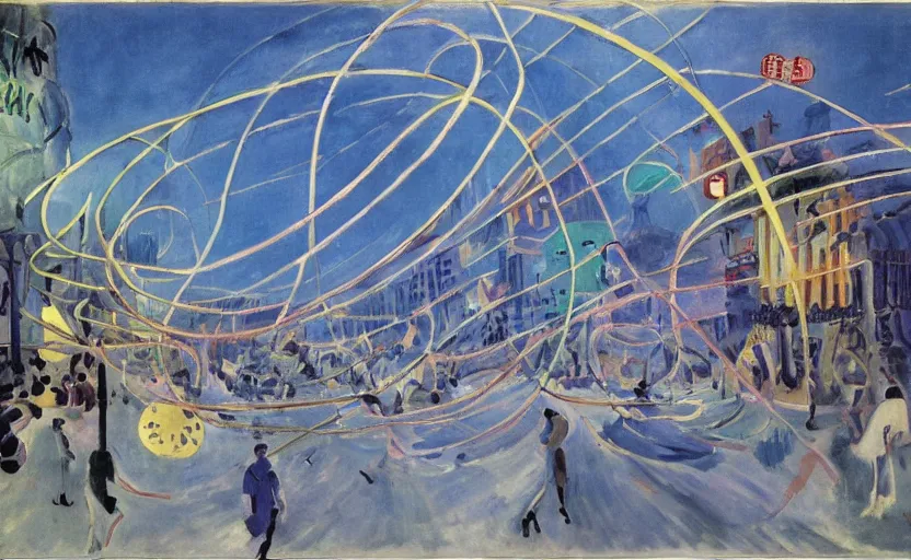 Image similar to people with posters and a huge spiral - shaped white luminous attractor is floating on the horizon near chinese street, concept art, art for the game, professional lighting, by henri matisse