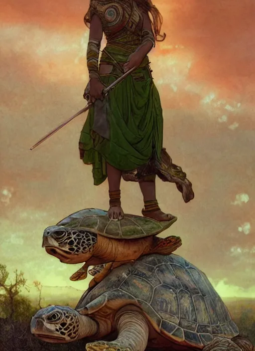 Image similar to a little warrior girl standing on top of one giant turtle in the desert. the girl has dark skin and beautiful green eyes, realistic full body and a very beautiful detailed symmetrical face with long black hair. diffuse light, dramatic sky and landscape, extreme long shot fantasy illustration by mucha