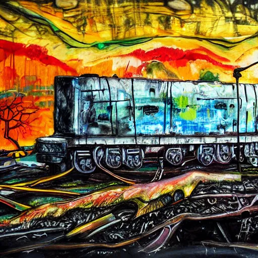 Prompt: subway arriving train decay, building stone big bear shape, expressive painting, colorful, detached dreams, Ultra-Wide Angle, Long double Exposure, black night sky wolves with burned trees, paint drips and palette knife, by Jackon Pollock