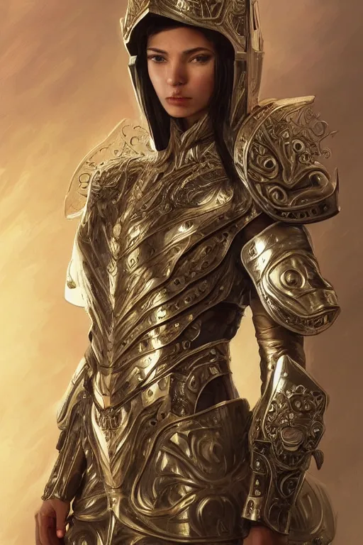 Image similar to attractive young female wearing an ornate metallic helmet, clothed in battle armor, olive skin, long dark hair, beautiful bone structure, symmetrical facial features, intricate, elegant, highly detailed, digital painting, trending on Artstation, concept art, smooth, sharp focus, illustration, art by artgerm and greg rutkowski and alphonse mucha