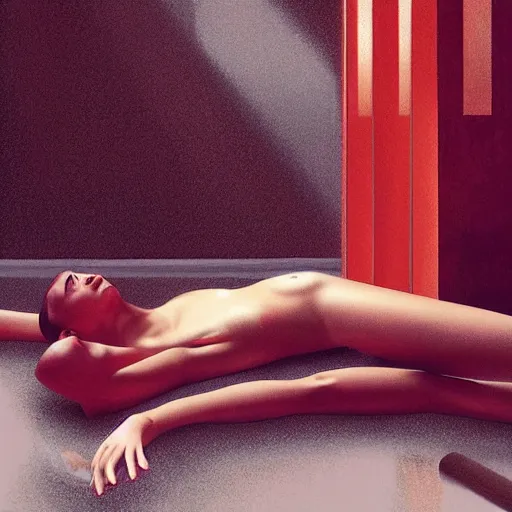 Image similar to Bella Hadid full body laying in a blood red pool of water between a golden mirror frame, outside is space and inside the mirror frame is a beautiful landscape., physically accurate, dynamic lighting, intricate, elegant, highly detailed, digital painting, artstation, HR GIGER, Hieronymus Bosch, Francis Bacon, concept art, smooth, sharp focus, illustration, art by artgerm and greg rutkowski and alphonse mucha