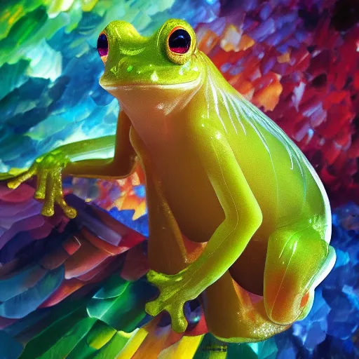 Prompt: long shot of a huge rainbow clear glass frog, concept art, by leonid afremov, by gerhard richter, jeff koons, volumetric light, smooth, depth perception, high depth of field, 4 k, unreal engine 5, ultradetailed, hyperrealistic, artstation