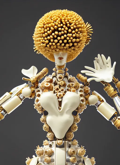 Image similar to mannequin carrying perfume bottle, biomechanical gold corals daisies rhizomorphs in an ivory room well contoured smooth fair walls, up close shot, sharp focus, global illumination, radiant light, alexandre ferra white mecha, irakli nadar, octane highly render, 4 k, ultra hd,