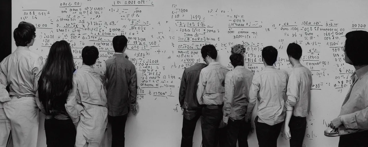 Prompt: mathematicians standing around a chalkboard with spaghetti, attempting to solve an algorithm, based on spaghetti, detailed facial expression, canon 5 0 mm, cinematic lighting, photography, retro, film, kodachrome