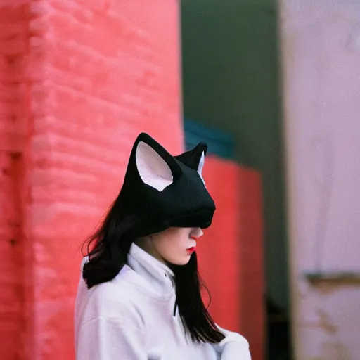 Prompt: woman with cat ears wearing a hoodie, cinestill 8 0 0 t 3 5 mm