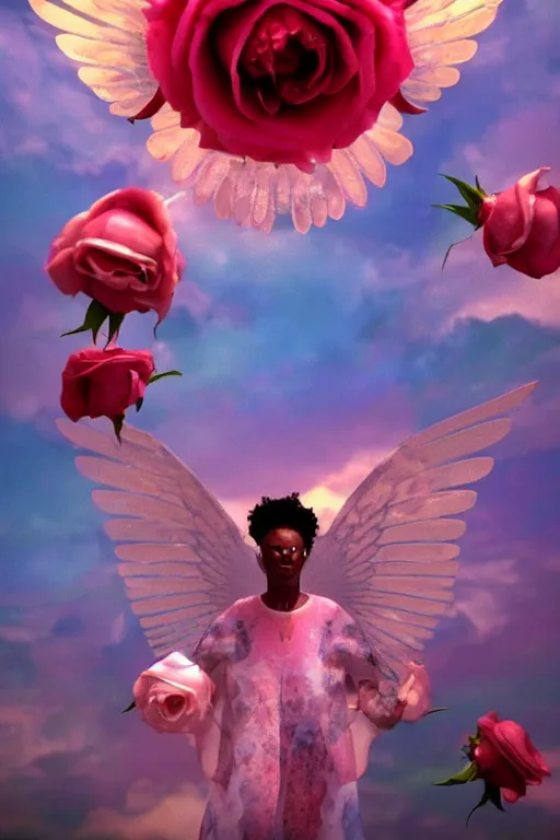 Image similar to milky crystal quartz eyeballs with wings. peach roses, background heavenly sky by basquiat, Trending on artstation. halo. octane render, cinematic, hyper realism, octane render, 8k, depth of field, 3D