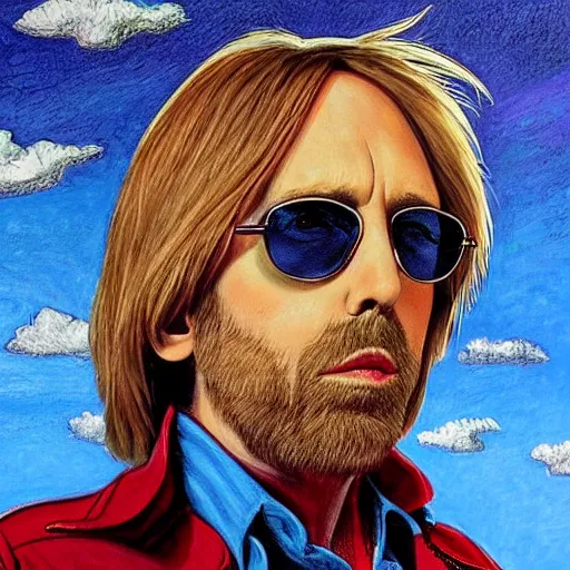 Image similar to Tom Petty free falling in the sky, photorealistic, intricate facial detail, scared, sharp features